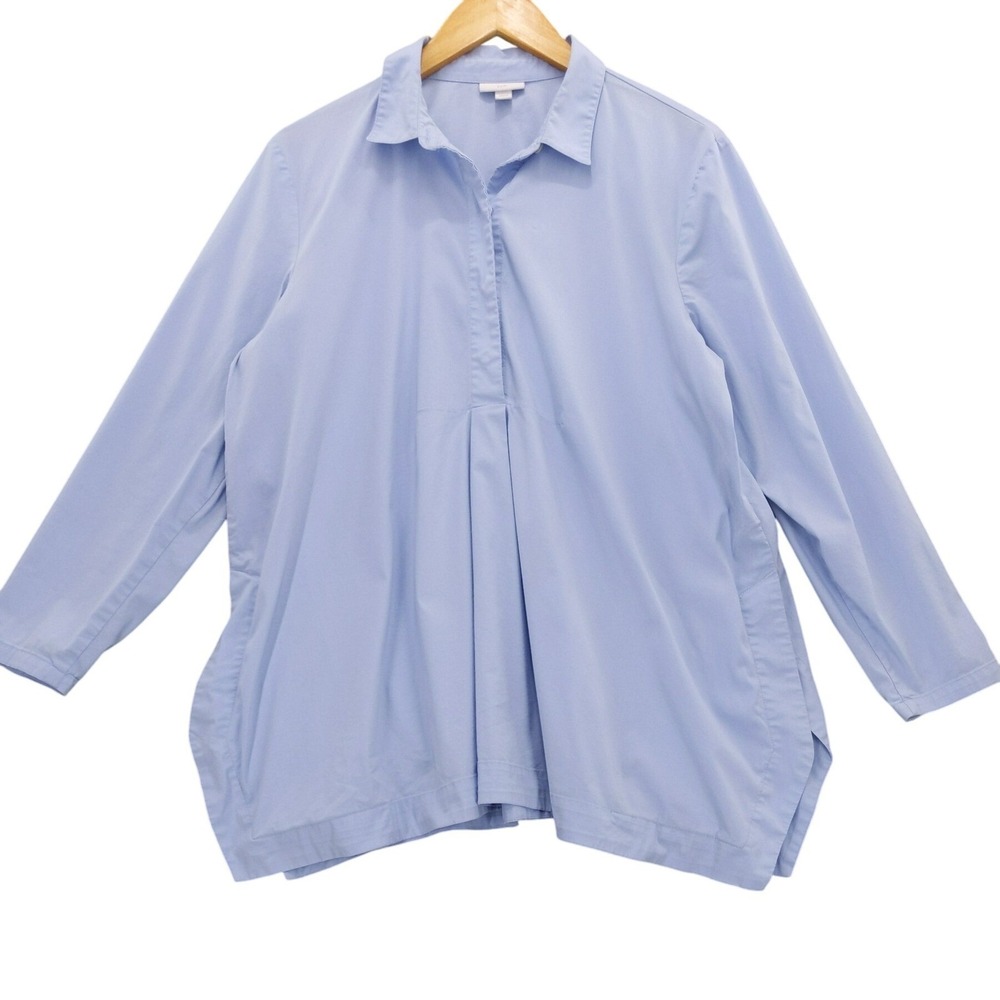 J Jill Petite L Blue Collared Snap Front Shirt Tunic Pleated Hidden Pockets